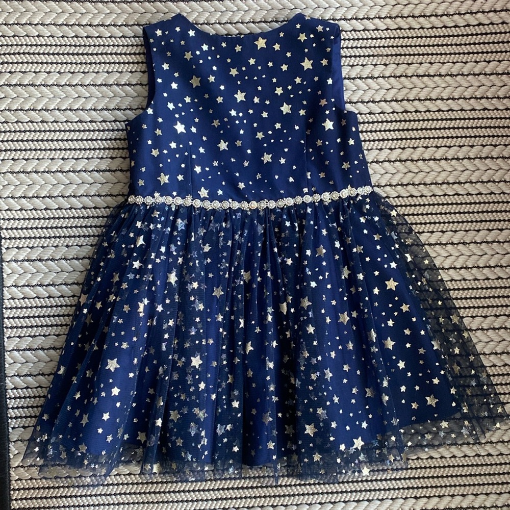 Pastourelle by Pippa&Julie navy toddler girl dress w stars embellished waist 2T